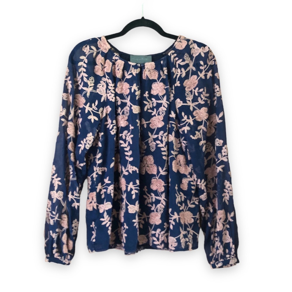 Sunday in Brooklyn Else Blouse Navy Blue Pink Rose Floral Embroidery Size Small
